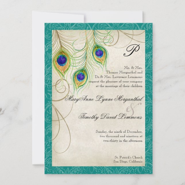 Peacock Feathers Wedding Invitation (Front)