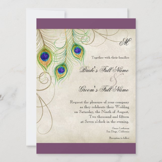 Peacock Feathers Wedding Invitation (Front)