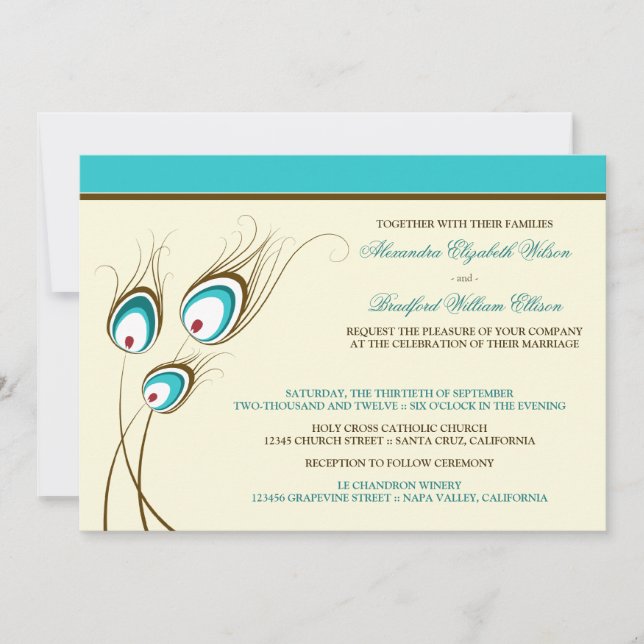 Peacock Feathers Wedding Invitation (aqua) (Front)