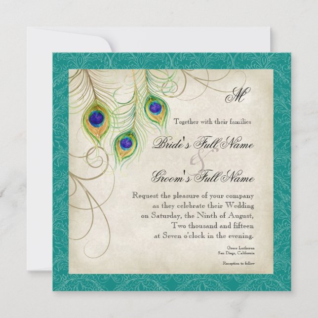 Peacock Feathers Wedding Invitation - Teal Blue (Front)