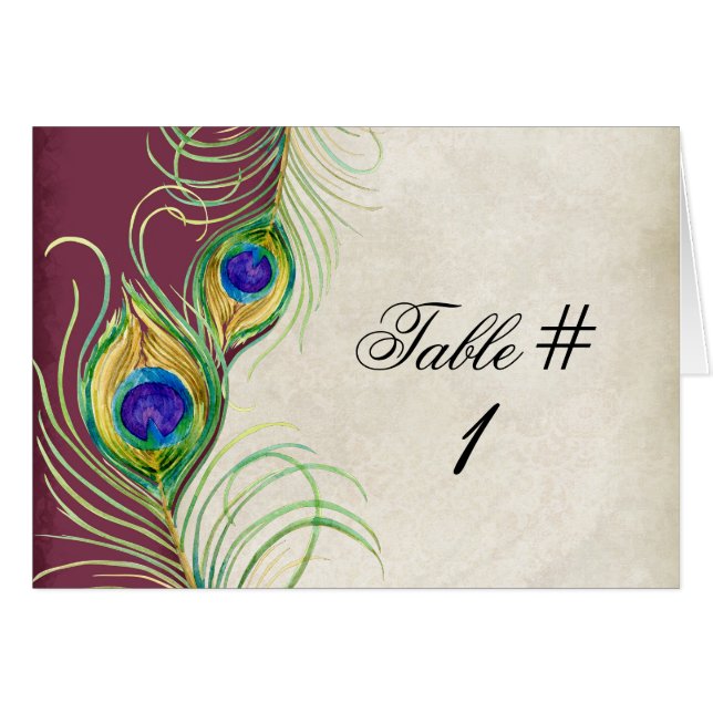 Peacock Feathers Wedding Table Tent Card raspberry (Front Horizontal)