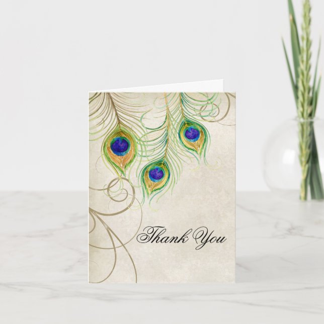 Peacock Feathers Wedding Thank You Note Stationery Card (Front)