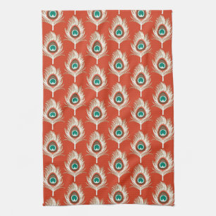 Peacock Feathers, White on Mandarin Orange Tea Towel