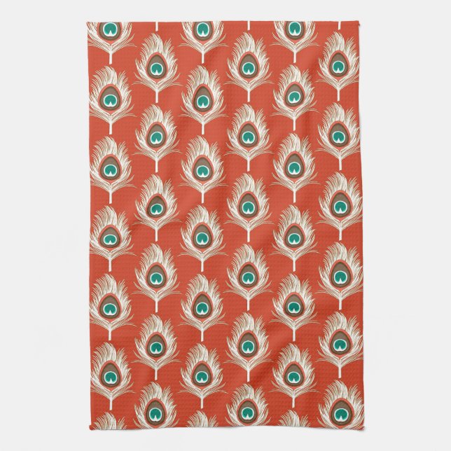 Peacock Feathers, White on Mandarin Orange Tea Towel (Vertical)