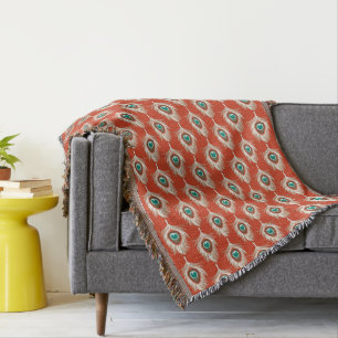 Peacock Feathers, White on Mandarin Orange Throw Blanket