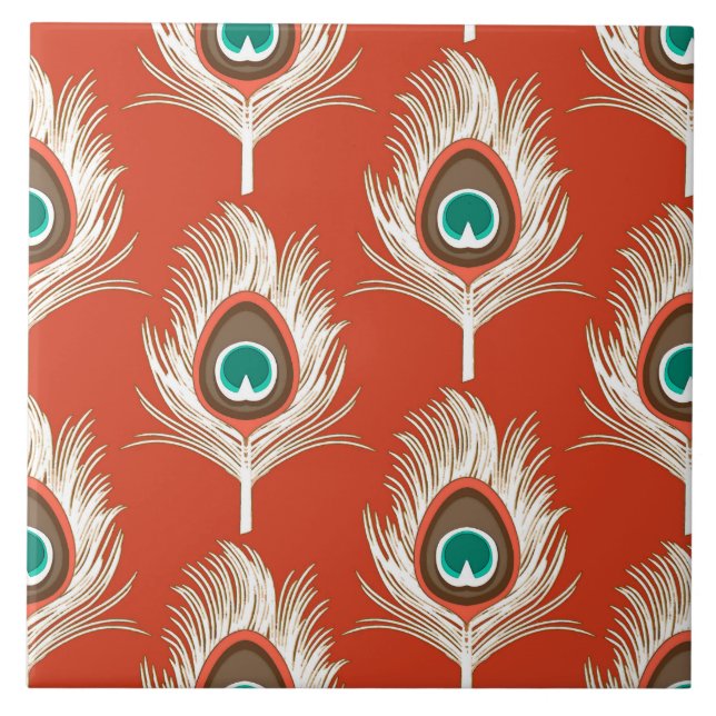 Peacock Feathers, White on Mandarin Orange Tile (Front)