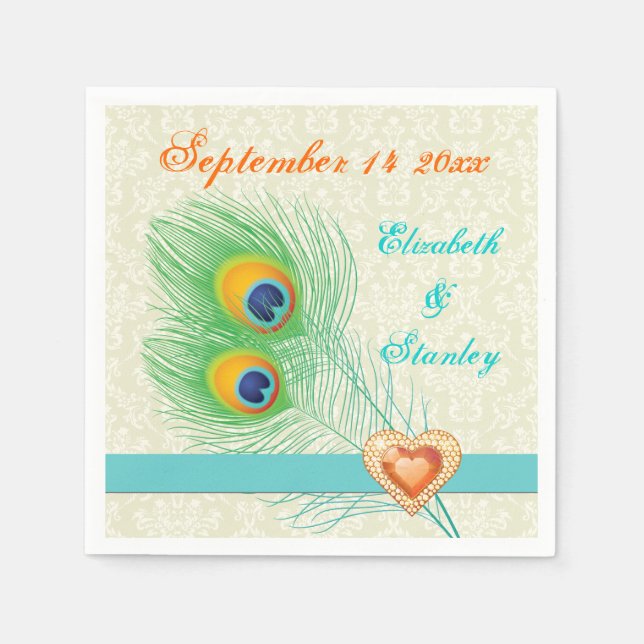 Peacock feathers with orange jewel heart wedding napkin (Front)