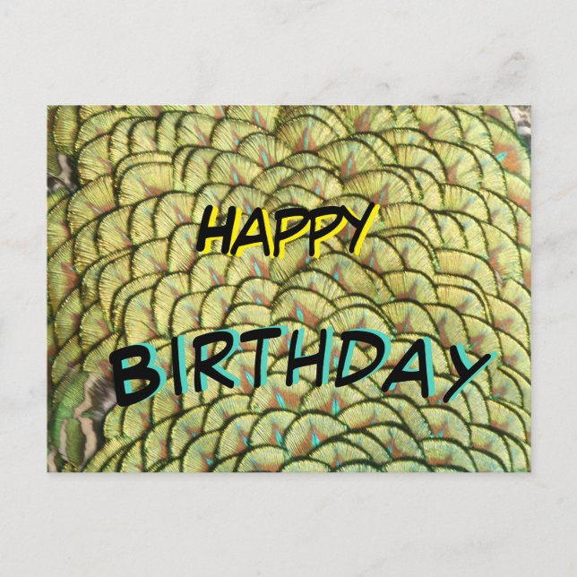 Peacock Feathers Yellow Pattern Birthday Postcard (Front)