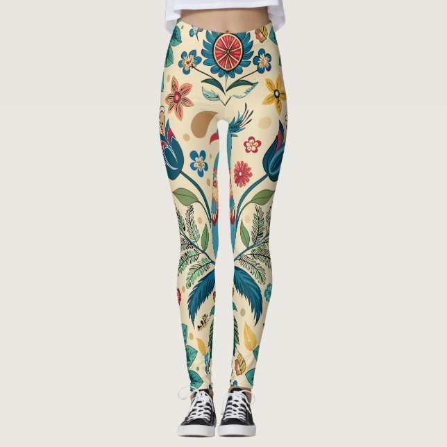 Peacock Fest Floral Custom Pattern Leggings (Front)