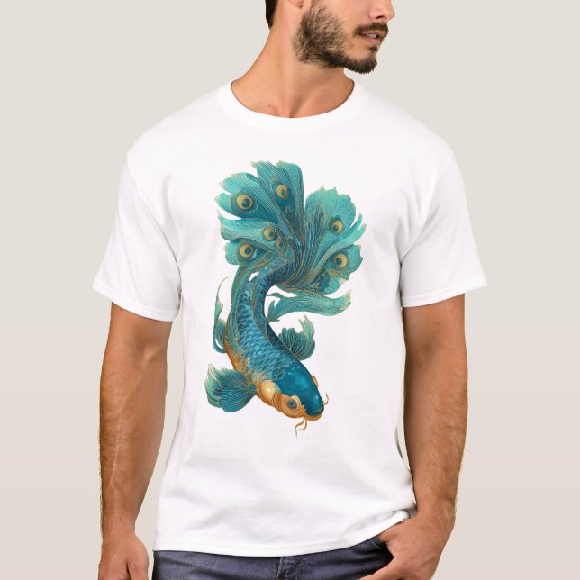 Peacock fin koi in turquoise and gold T-Shirt (Front)