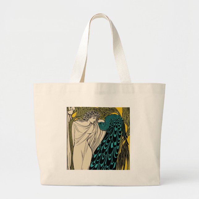 Peacock Fine Art Bird Nouveau Large Tote Bag (Front)