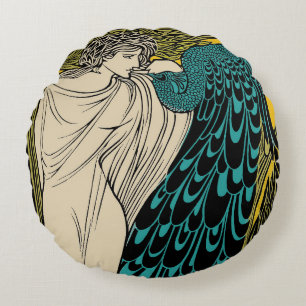 Peacock Fine Art Bird Nouveau Round Cushion