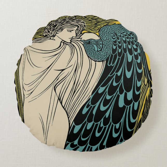 Peacock Fine Art Bird Nouveau Round Cushion (Front)