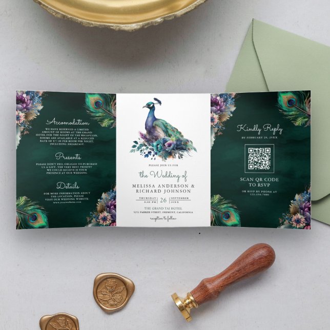 Peacock Floral Feather QR Code Emerald Wedding Tri-Fold Invitation (Creator Uploaded)