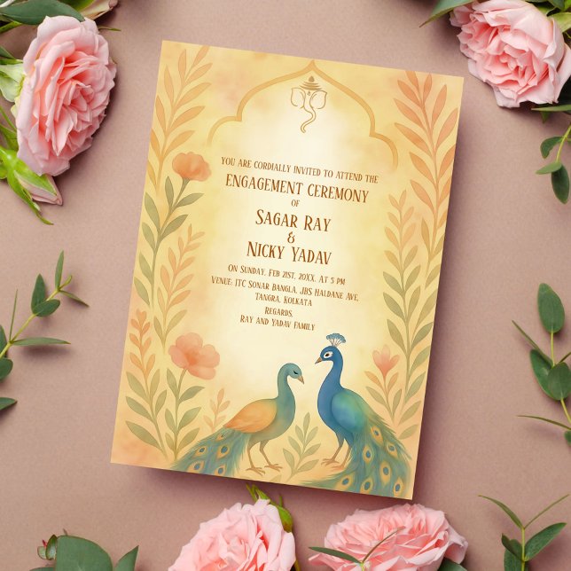 Peacock Floral Indian Hindu Engagement Ceremony Invitation (Creator Uploaded)