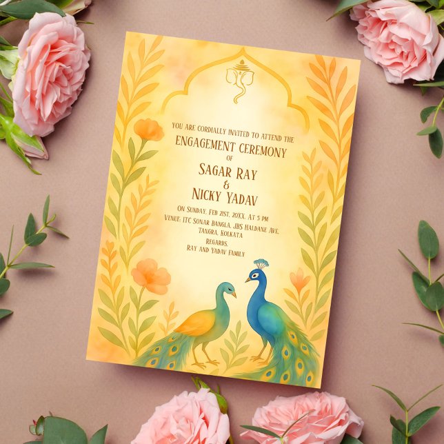 Peacock Floral Indian Hindu Engagement Ceremony Invitation (Creator Uploaded)