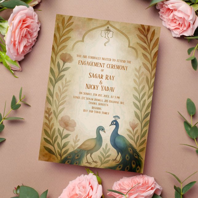 Peacock Floral Indian Hindu Engagement Ceremony Invitation (Creator Uploaded)