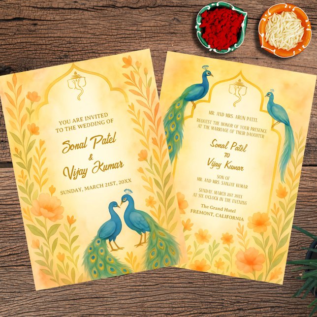 Peacock Floral Indian Hindu Wedding Watercolour Invitation (Creator Uploaded)