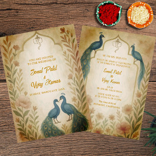 Peacock Floral Indian Hindu Wedding Watercolour Invitation