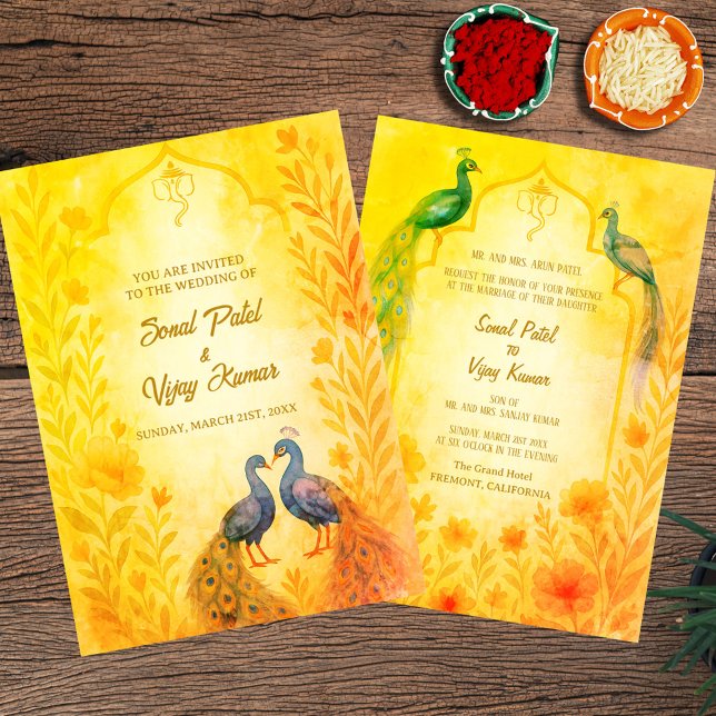 Peacock Floral Indian Hindu Wedding Watercolour Invitation (Creator Uploaded)