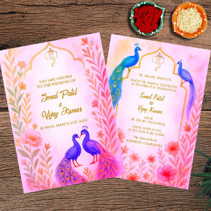 Peacock Floral Indian Hindu Wedding Watercolour Invitation