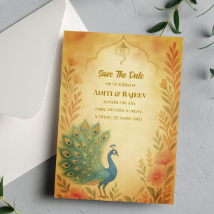 Peacock Floral Indian Wedding Save the Date Card