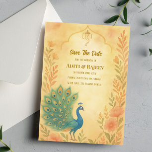 Peacock Floral Indian Wedding Save the Date Card