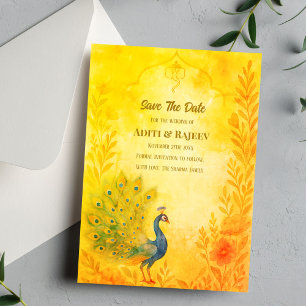 Peacock Floral Indian Wedding Save the Date Card