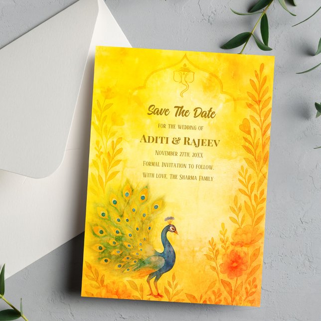 Peacock Floral Indian Wedding Save the Date Card (Creator Uploaded)