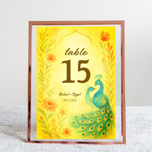 Peacock Floral Indian Wedding Table Number Card