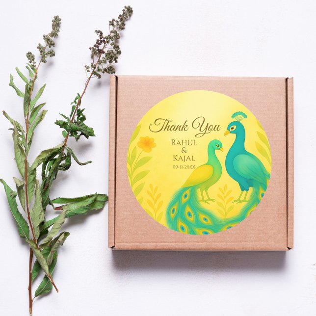 Peacock Floral Indian Wedding Thank You Classic Round Sticker (Creator Uploaded)