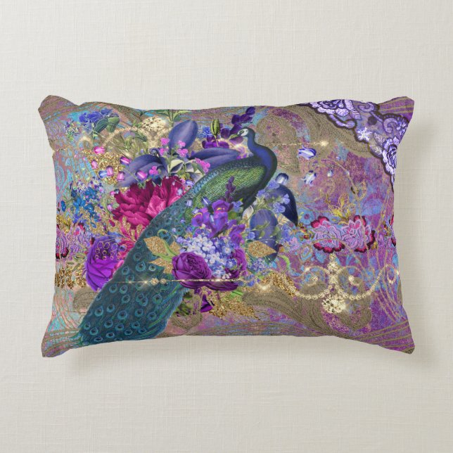 Peacock floral lace diamond elegant purple teal decorative cushion (Front)