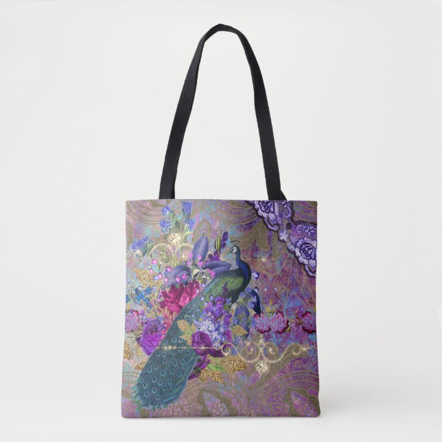 Peacock floral lace diamond elegant purple teal tote bag (Front)