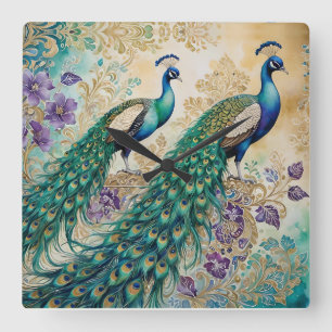 Peacock floral paisley watercolor  square wall clock