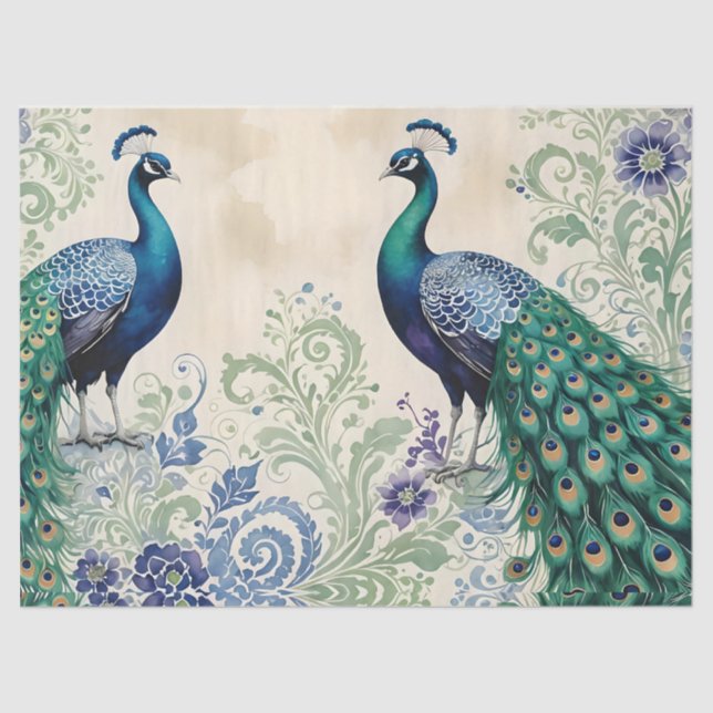 Peacock floral paisley watercolor  tissue paper (Front)