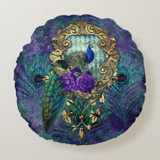 Peacock floral victorian feather elegant  round cushion (Front)