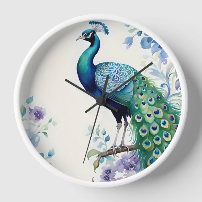 Peacock floral watercolor  clock (Front)