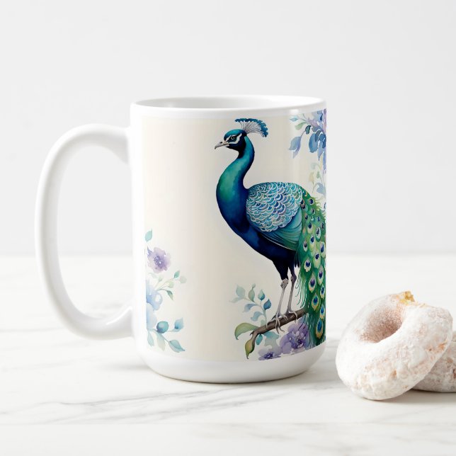 Peacock floral watercolor  coffee mug (With Donut)
