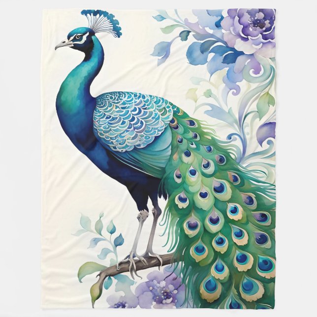 Peacock floral watercolor  fleece blanket (Front)