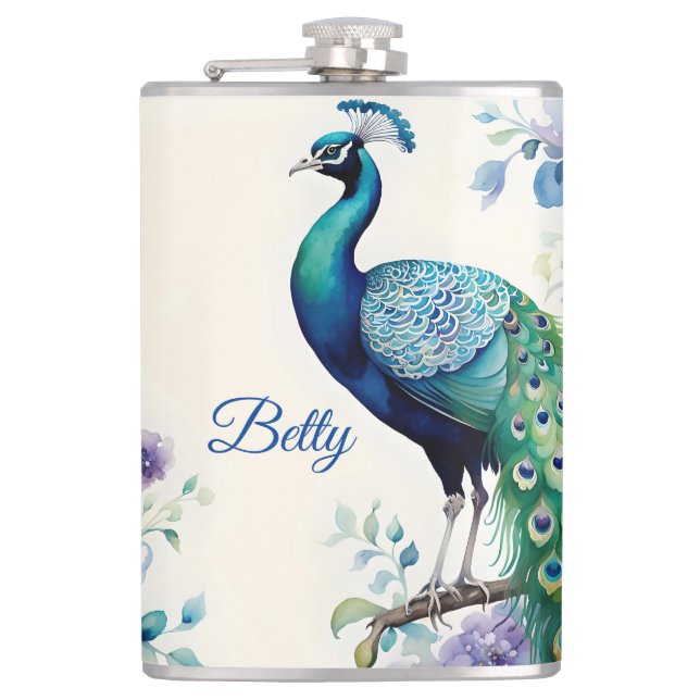 Peacock floral watercolor  hip flask (Front)