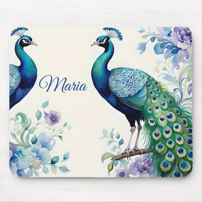 Peacock floral watercolor mouse mat (Front)