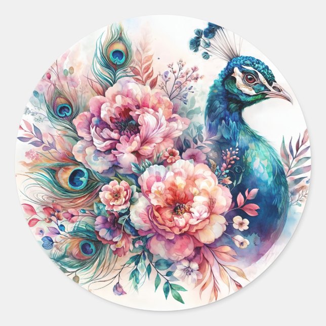 Peacock  Floral Watercolor Portrait Classic Round Sticker (Front)