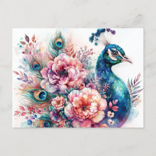 Peacock  Floral Watercolor Portrait Postcard