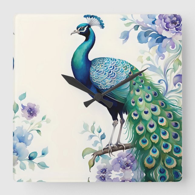 Peacock floral watercolor  square wall clock (Front)