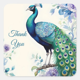 Peacock floral watercolor Thank you Square Sticker