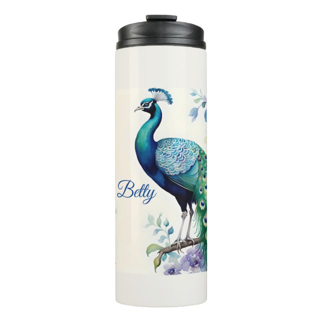 Peacock floral watercolor  thermal tumbler (Front)
