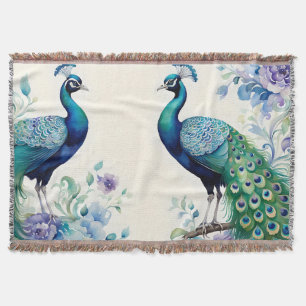 Peacock floral watercolor throw blanket