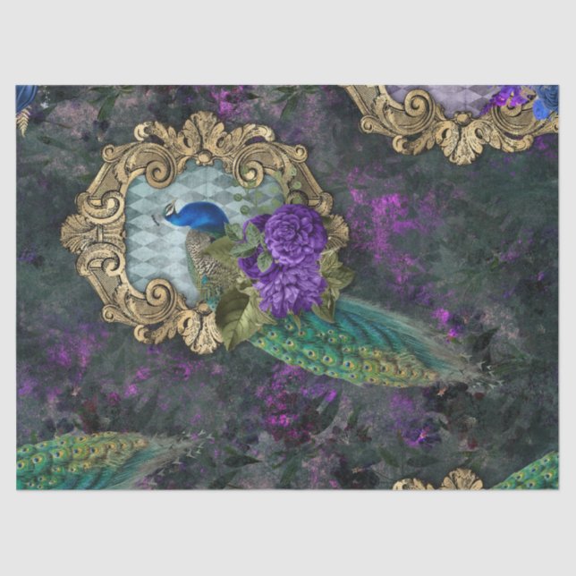 Peacock, Flowers, and Gold Frame Decoupage Tissue Paper (Front)
