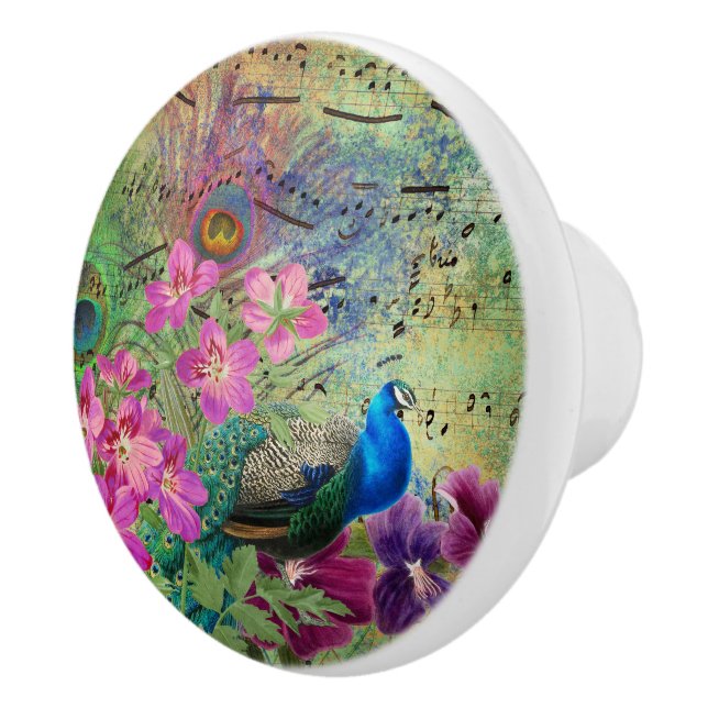 Peacock Flowers and Music Ceramic Knob (Right)