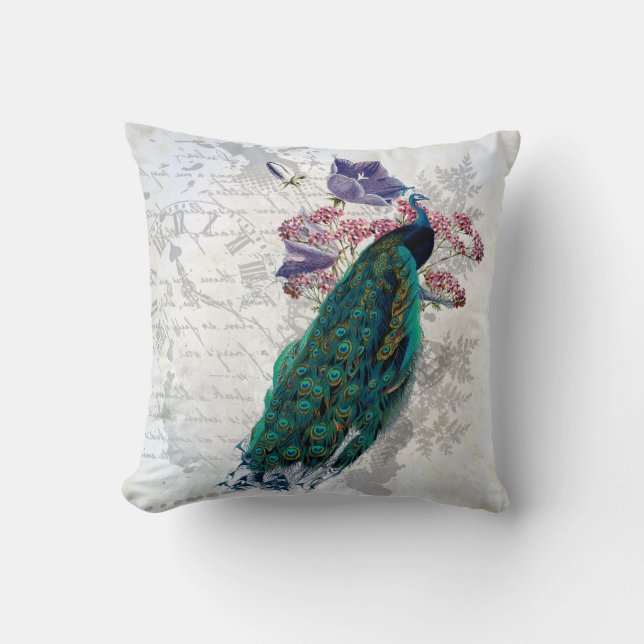 Peacock Flowers Vintage Graphic Art Colourful Cushion (Front)
